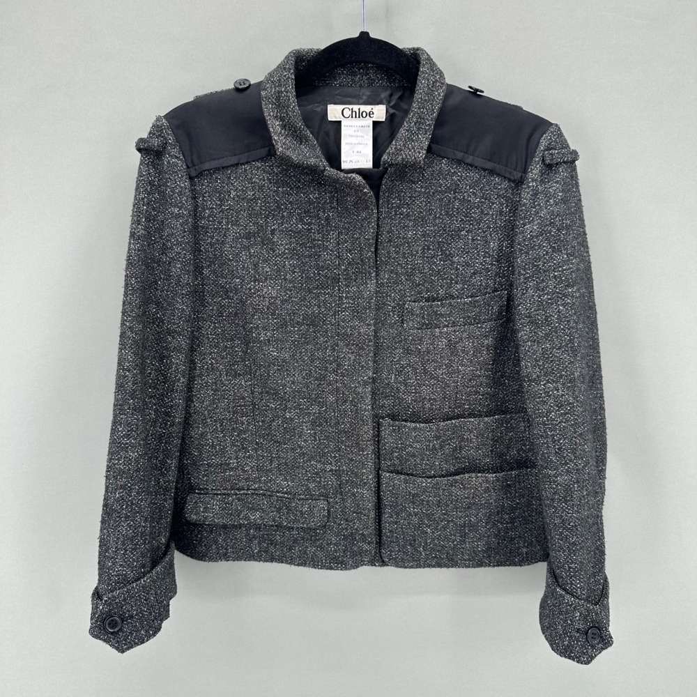 Vinatge Chloe Black Tweed Wool Cropped Military Blazer Size Fr 42 US 10 Academia